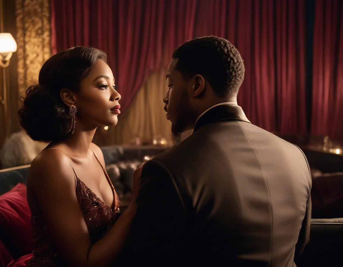 A sultry, elegant scene featuring a diverse group of Black couples engaged in intimate moments, surrounded by soft lighting and rich fabrics that exude luxury and sensuality. Include cinematic elements like a vintage projector in the background showing a classic film reel, enhancing the theme of exploration and appreciation in adult cinema. The ambiance should evoke sophistication and passion. super-realistic. vibrant colors. cinematic.