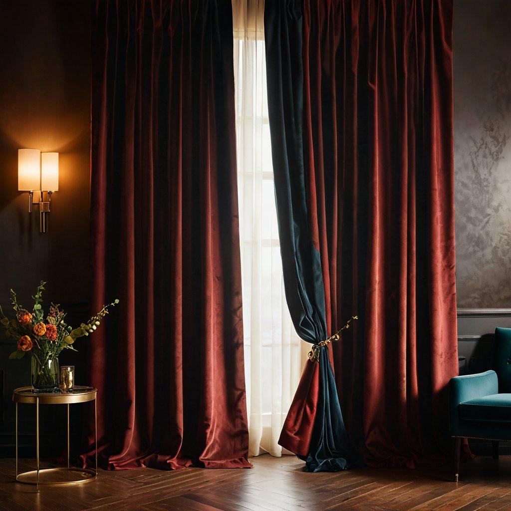 A stylish and intimate setting featuring a rich velvet curtain slightly parted, revealing a glowing screen showcasing vibrant and artistic interpretations of ebony film posters. Soft shadows and warm lighting create an inviting atmosphere, while subtle hints of luxurious textures and colors enhance the allure. A touch of intrigue is captured in the scene, inviting curiosity about what's being revealed behind the curtain. painting. warm colors. soft focus.