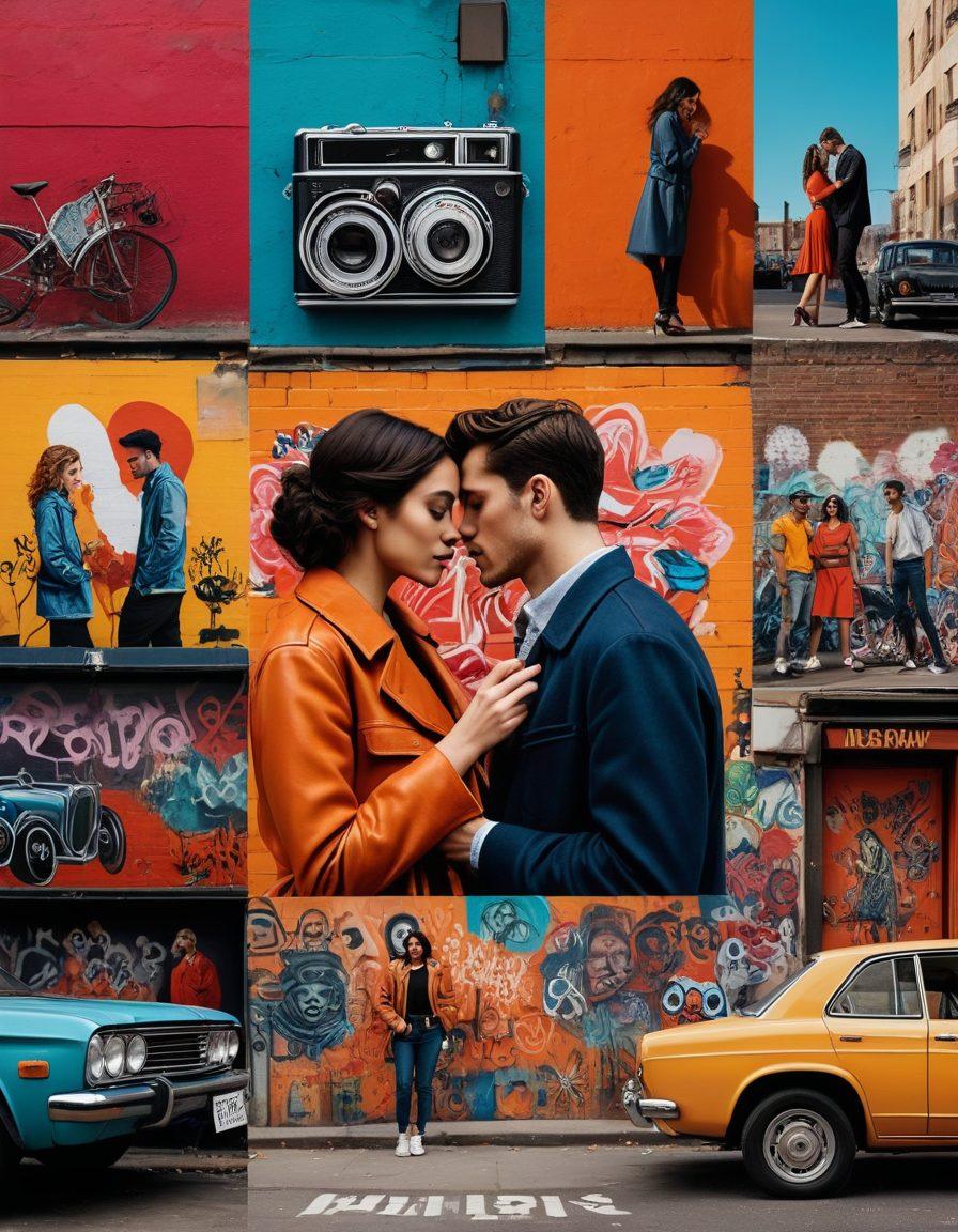 A captivating collage illustrating diverse couples engaged in intimate moments, set against an urban backdrop with vibrant street art. Emphasize an empowering atmosphere, showcasing passion and connection through warmth and dynamic poses. Incorporate elements like film reels or vintage cameras to represent video collections, blending sensuality with artistry. super-realistic. vibrant colors. urban aesthetic.